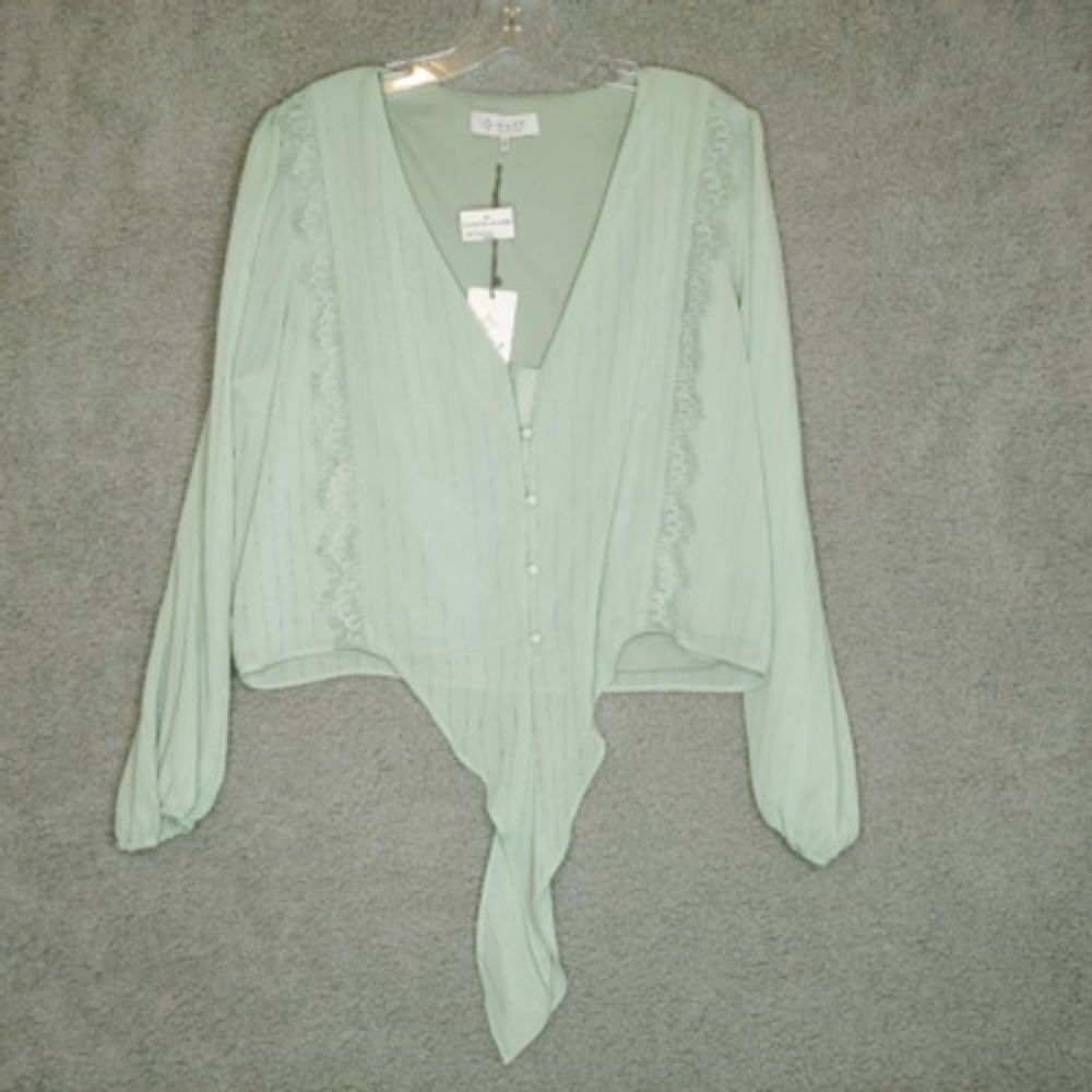 Where Are You From Shirt Womens Top  Blouse Green Striped Lace V Neck Lined L‎